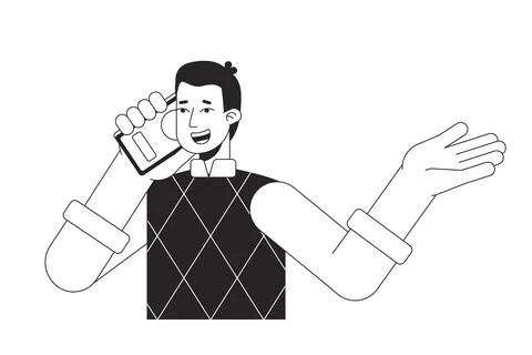 Extroverted man having conversation on phone bw vector spot illustration Illustrazione stock