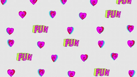 Extruded falling hearts shape and fun text in comic style, fluorescent textures Vidéo 136308091