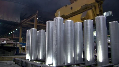 Extrusion billets aluminium casting foundry industry crane lifting heavy metal Stock Footage 72016807