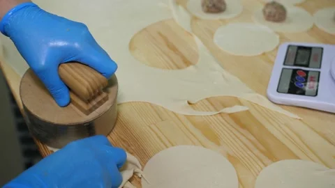 Extrusion of round dough with a specialized form for making khinkali. Video stock 238742975