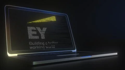 EY logo made with computer code on the laptop screen. Editorial conceptual 3d Stock Illustration