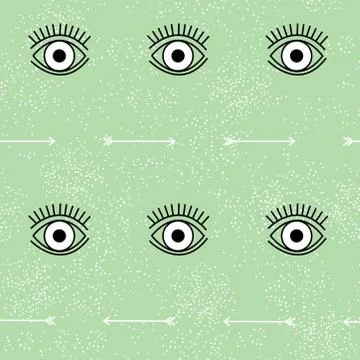 Eye and arrow vector pattern in black and white on green structure background. Stock Illustration