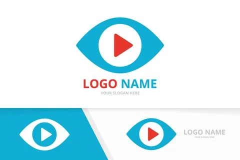 Eye and button play logo combination. Unique media logotype design template. Stock Illustration