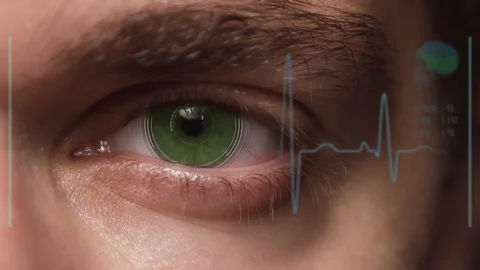 Eye with augmented reality holographic interface showing health biometric data. Stock Footage 94658948