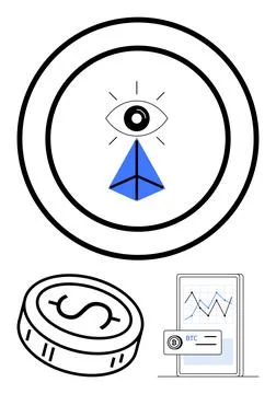Eye with blue triangle, dollar coin, and BTC graph on screen depict cryptoc.. Stock Illustration