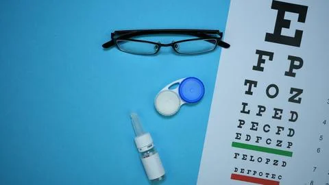 Eye care essentials on blue background with glasses, eye chart and drops Stock Photos