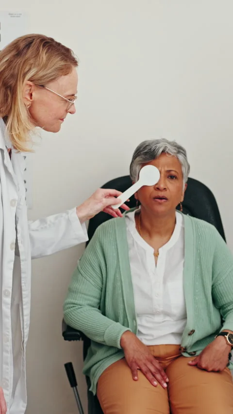 Eye care, reading test and woman with occluder, doctor and health insurance with Stock Footage 318783268