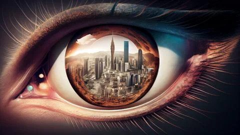 Eye with city view in the background. 3d illustration. Stock Illustration