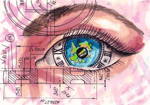 Eye-clock with reflection of the world. Watercolor vector. Steampunk. The Stock Illustration