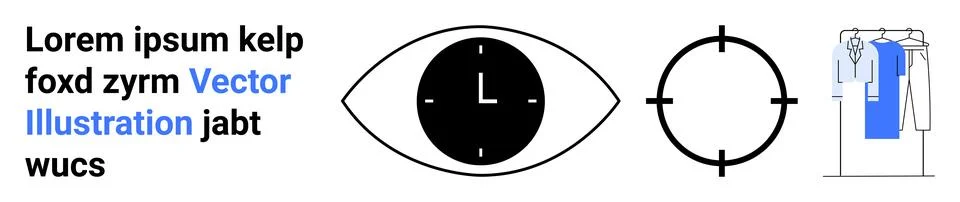 Eye with clock symbol, circular target, clothing rack with shirts, and placeh Illustrazione stock