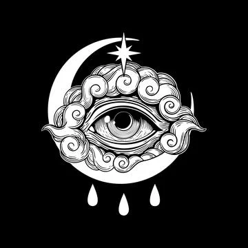 Eye with crescent moon, star, clouds, and three tears 스톡 일러스트