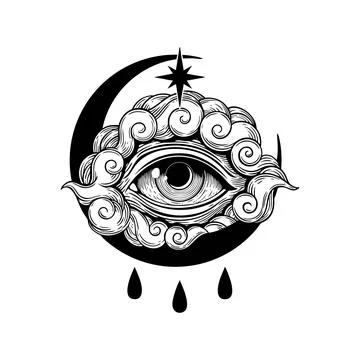 Eye with crescent moon, star, clouds, and three tears Stock Illustration