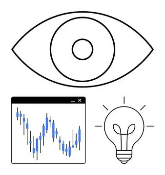 Eye, data graph with blue bars, and light bulb. Ideal for technology, creativ Illustrazione stock