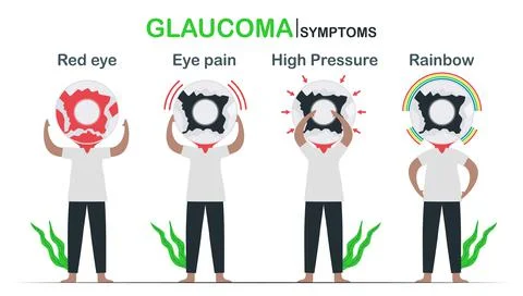 Eye disease symptoms include red eye, pain, high pressure and rainbow. Nation Stock Illustration