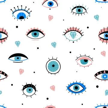 Eye doodles seamless pattern. Hand drawn various eyes talismans, different Illustrazione stock