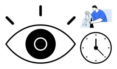 Eye drawing with lines symbolizing attention, clock indicating time, individu Stock Illustration