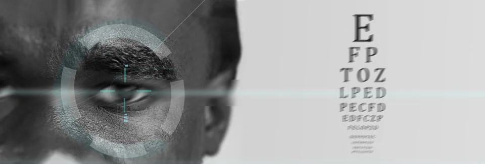 Eye exam test featuring a close-up of the eye with vision chart elements and Stock Photos