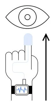 Eye finger touching sensor with pulse watch upward arrow. Ideal for technolog Illustrazione stock