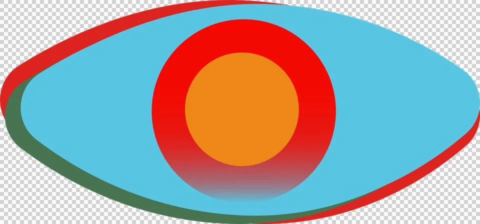 Eye is floating on clear backdrop with blue oval, colorful arcs, orange disc, Illustrazione stock