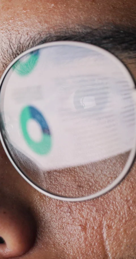 Eye, glasses and closeup with reflection for data analysis, information or Stock Footage 333379991