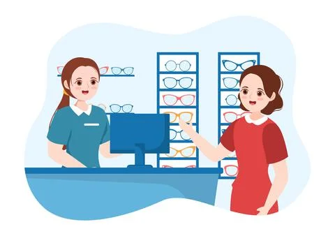 Eye Glasses Store or Optical Shop with Accessories, Optician, Checking Vision Illustrazione stock