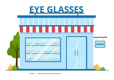 Eye Glasses Store or Optical Shop with Accessories, Optician, Checking Vision Illustrazione stock
