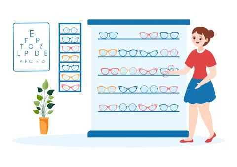 Eye Glasses Store or Optical Shop with Accessories, Optician, Checking Vision Illustrazione stock