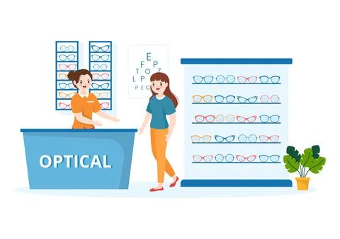 Eye Glasses Store or Optical Shop with Accessories, Optician, Checking Vision Illustrazione stock