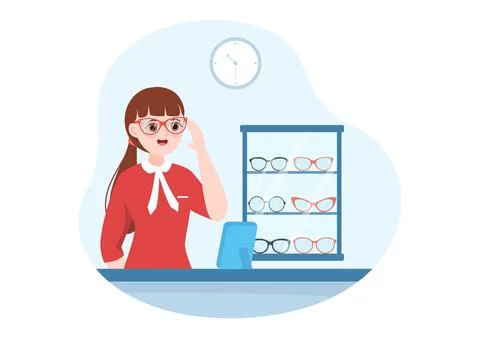 Eye Glasses Store or Optical Shop with Accessories, Optician, Checking Vision Illustrazione stock