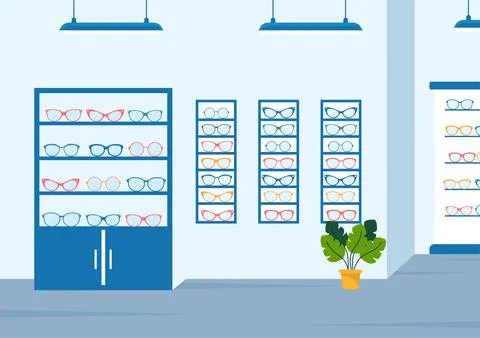 Eye Glasses Store or Optical Shop with Accessories, Optician, Checking Vision Illustrazione stock
