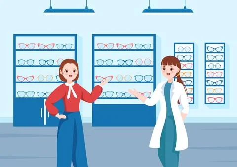 Eye Glasses Store or Optical Shop with Accessories, Optician, Checking Vision Illustrazione stock