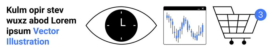 Eye icon with clock, data chart screen, shopping cart with notification. Idea 스톡 일러스트