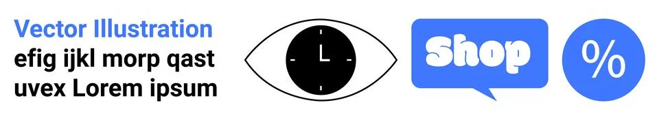Eye icon with a clock inside, a blue speech bubble labeled Shop, and a percen Stock Illustration