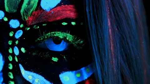 Eye Iris and Pupil Macro. Sparkle, Glowing Eyes in the Dark. UV lenses in Eyes Stock Footage 124586219