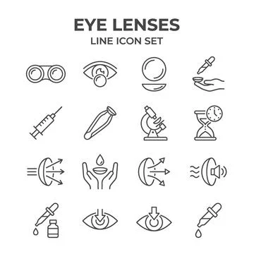 Eye lenses line icon set with medical symbols for vision care, contact lens.. Stock Illustration