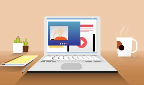 Eye-level Perspective Laptop Remote working concept Vector Illustration Stock Illustration