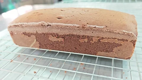 Eye-level view of a freshly baked chocolate sponge cake on a cooling rack. Stock Footage 346532406