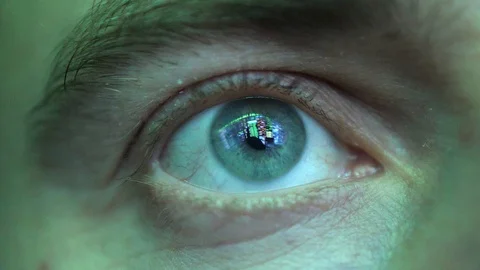 Eye Looking at Computer Screen Programming Hacker Code Reflecting in Eyeball Video stock 106401144