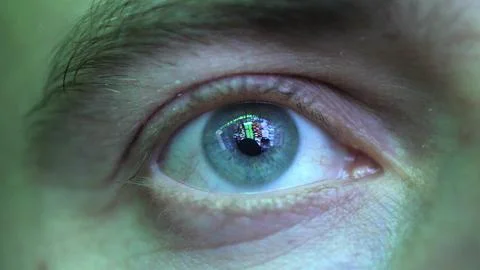Eye Looking at Computer Screen Programming Hacker Code Reflecting in Eyeball 스톡 사진
