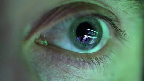 Eye Looking at Computer Screen Programming Hacker Code Reflecting in Eyeball Foto stock