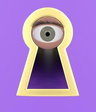 Eye looking through a keyhole violet background 3d illustration Stock Illustration