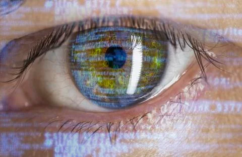 Eye macro with software code overlay Stock Illustration