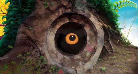 Eye monster creature inside tree anime cartoon Stock Illustration