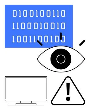 Eye Observing Binary Code and Monitor with Warning Sign, Emphasizing Data S.. 스톡 일러스트