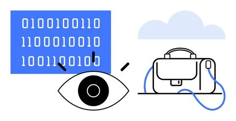 Eye observing binary code beside a briefcase, with a cloud above. Ideal for c Stock Illustration