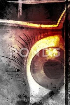 Eye over old dirty wall, urban hip hop background gray texture painted with b Stock Illustration