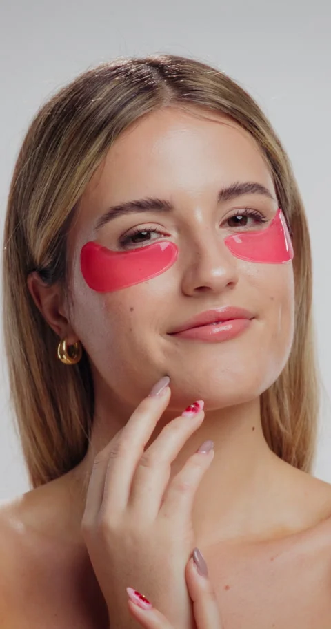 Eye patch, beauty and face of woman in studio for fine line treatment Vídeos de archivo 334016247