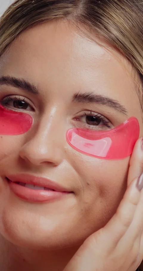 Eye patch, happy and face of woman for fine line treatment, hyaluronic acid or Stock Footage 334016211