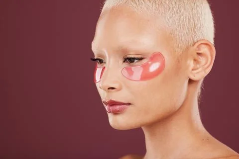 Eye patch, relax and spa beauty of black woman doing face cleaning and wellness Stock Photos