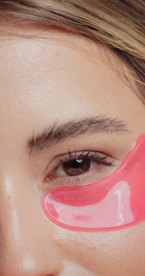 Eye patch, skincare and closeup of woman for fine line treatment, hyaluronic Stock Footage 333751019